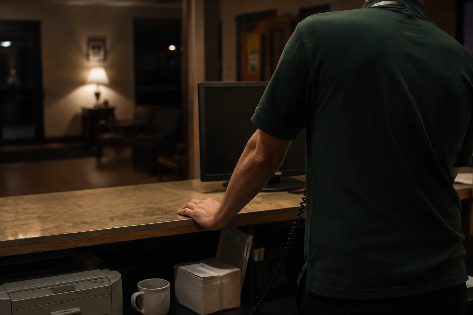 A hotel desk agent looking after the property late at night
