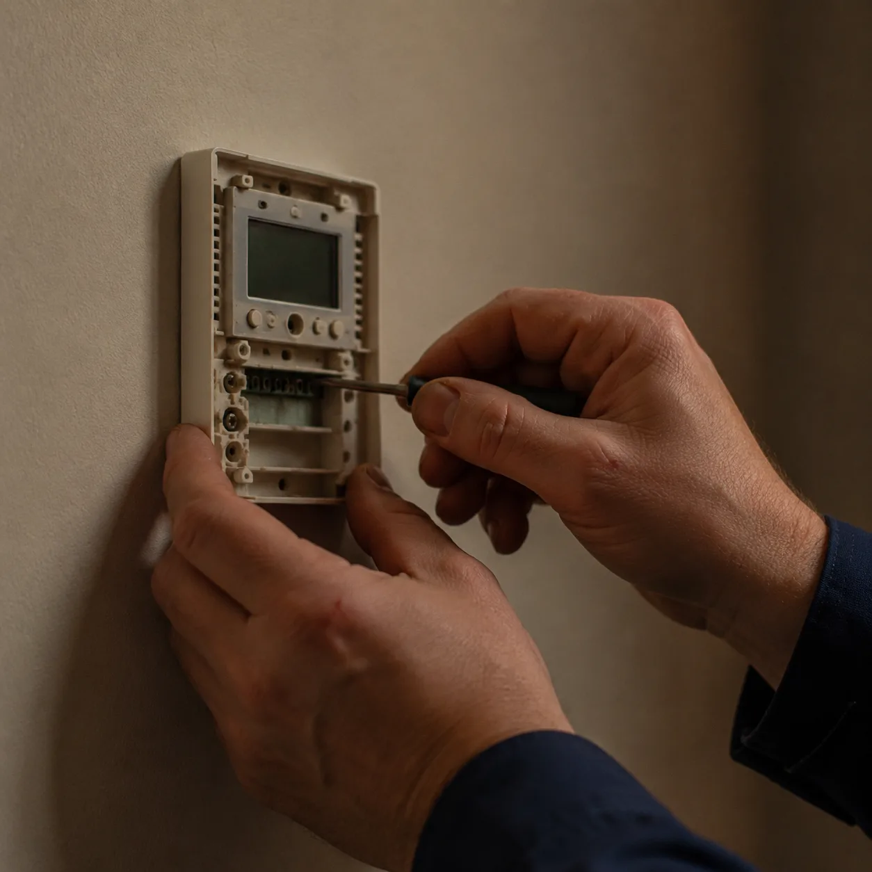 A maintenance worker repairing a hotel room thermostat